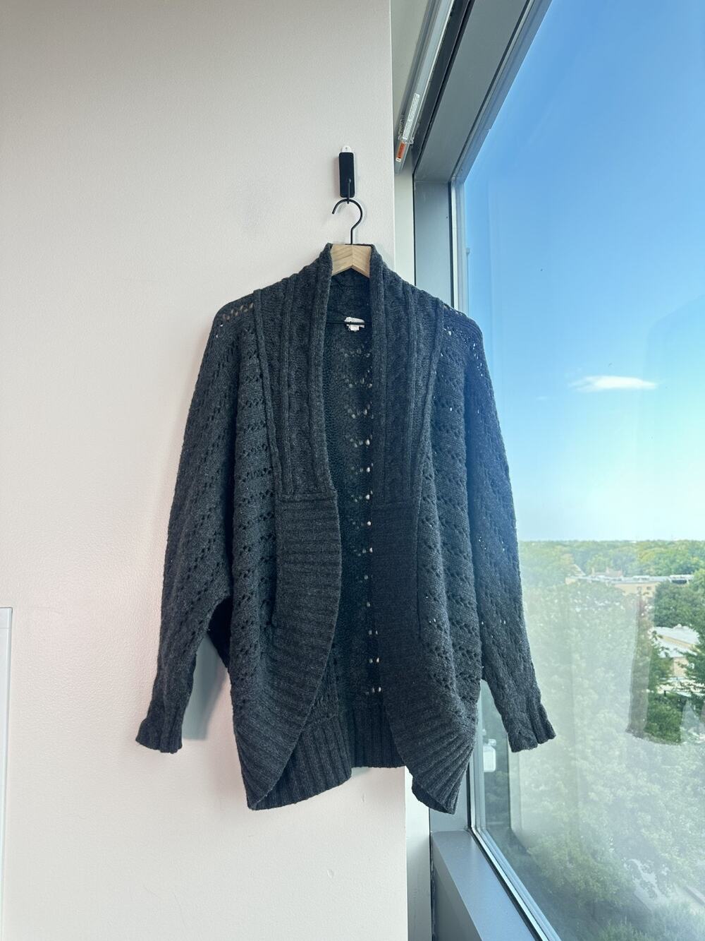 Garnet Hill Gray Open Front 100% Extra Fine Merino Wool Cardigan Sz L